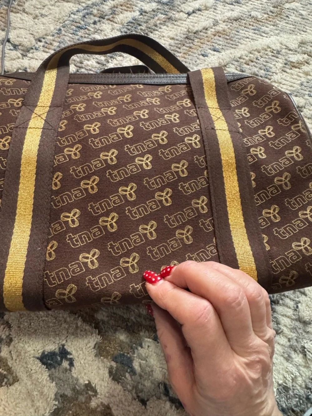 TNA Brown Barrel Tote with Striped Mustard Handles - Picture 4 of 9